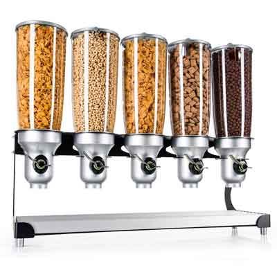 Industrial style cereal stand with five dispensers on alu-black stand