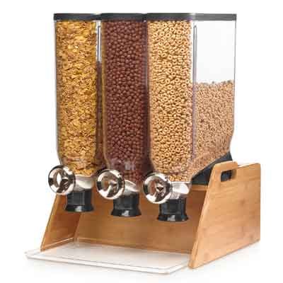 Cereal stand with three 13 liter dispensers with big metal grip that can be branded